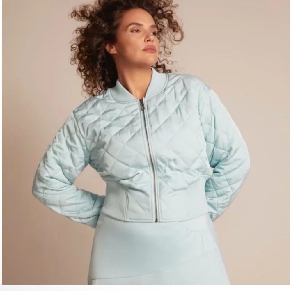 Blue Bomber Jacket with Quilted Design and High Collar